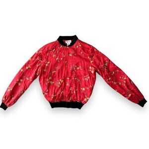 Allison Taylor Red Silk Cherry Blossom Bomber Jacket Size M full zip pocket